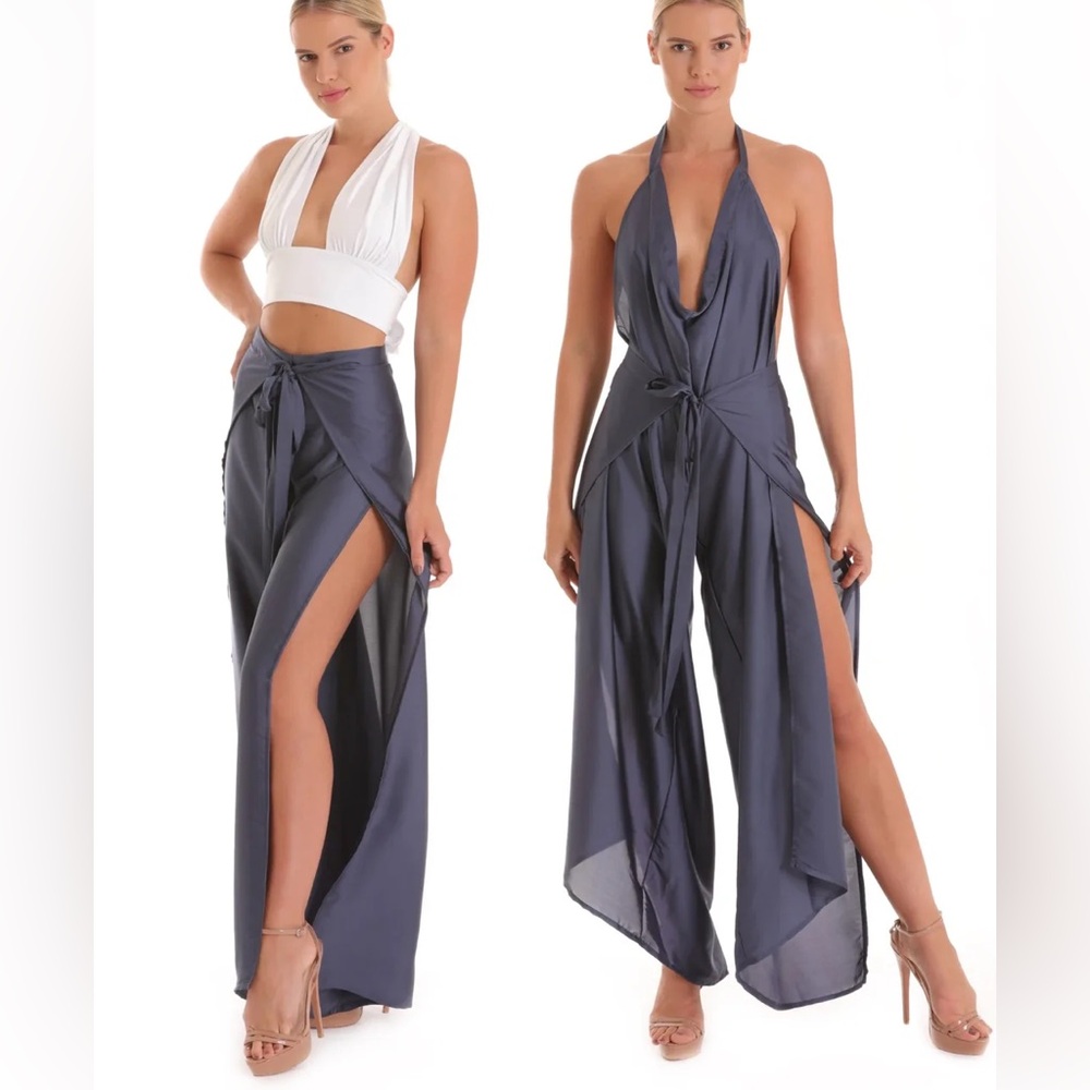 BALIAWEAR standard jumpsuit wrap pants in steel blue satin